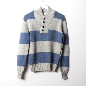 vintage 1970s slouchy MOCK turtleneck HENLEY striped color block blue & gray WOOL men&#39;s sweater -- men&#39;s size small/medium