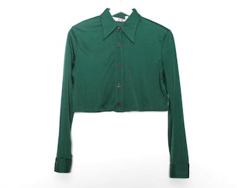 vintage green CROP top long sleeve vintage 1950s 60s blouse crop top -- size medium -- Free shipping U.S.A