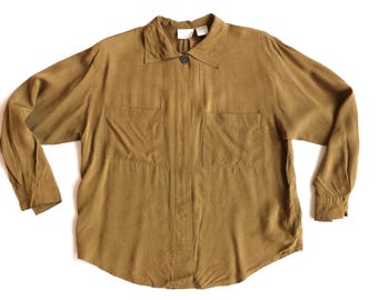 vintage SILKY boxy olive green/brown BLOUSE top -- size medium -- free shipping U.S.A