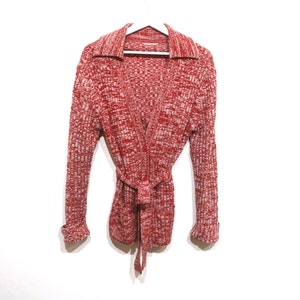 vintage 1950s 60s wrap thick KNIT pinkish CARDIGAN long belted cozy women&#39;s sweater -- size medium women&#39;s