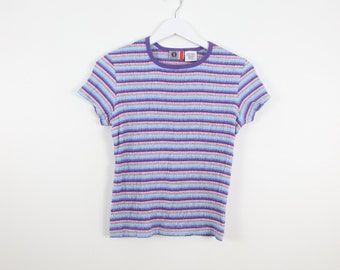 vintage late 1990s striped pink & blue y2k style OXFORD striped classic short sleeve -- size small