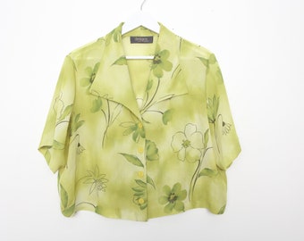 90s silky style soft GRASS nature crop blouse button up GREEN top---size small