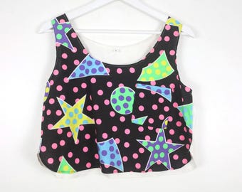 vintage 1980s star pattern vintage women's CROP TOP tank top -- size Small