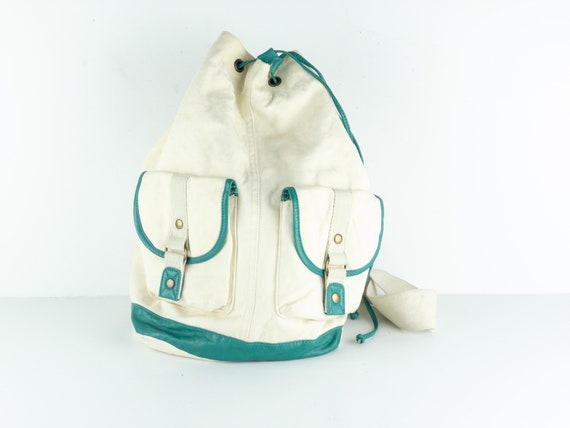 90s striped BACKPACK white & teal daypack CLASSIC… - image 1