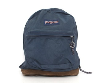 vintage 1990s JANSPORT leather bottom blue & brown nylon vintage daypack hiking BACKPACK day pack 1990s school bag