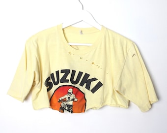 vintage DISTRESSED shredded 1970s SUZUKI racing dirt bike crop top -- size xs -- FREE shipping U.S.A