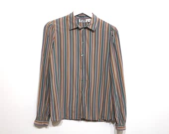 vintage 1980s fitted women's vertical striped COLOR BLOCK silk blouse button down top -- size small