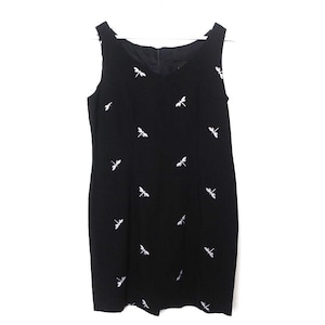 vintage BLACK dress with white embroidered DRAGONFLY 90s y2k sleeveless mini dress - size medium - Free Shipping U.S.A
