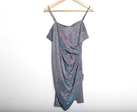 90s shimmer dress Vintage IRIDESCENT Strappy PARTY Mini/midi Y2k 2000s NYE -- Size Small -- Free Shipping U.S.A Blue_Lace_Dress