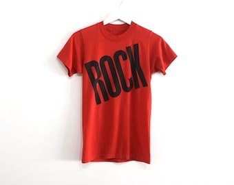 vintage red & black ROCK t-shirt 1970s women's size SMALL single stitch faded vintage women's t-shirt -- size small