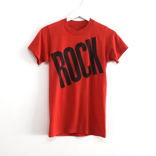 vintage red & black ROCK t-shirt 1970s women's size SMALL single stitch faded vintage women's t-shirt -- size small