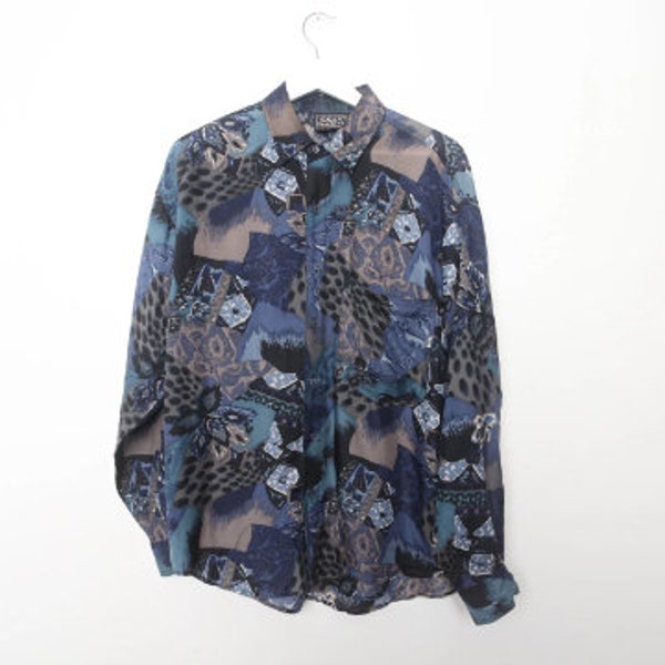 vintage SILK wild one streetwear button down BOXY long sleeve silk blouse -- size large