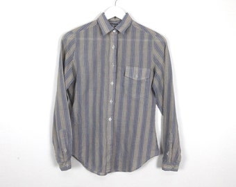 vintage 1970s fitted STRIPED super soft GREY & blue grunge women's button down shirt -- size small