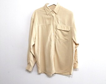 cream silky TAN long sleeve vintage women's OXFORD slouchy oversize blouse top -- size large