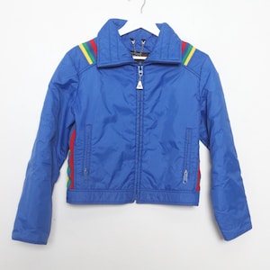 vintage BLUE & rainbow striped 1960s 70s cropped SKI JACKET women&#39;s vintage winter coat puffer puffy jacket -- size medium