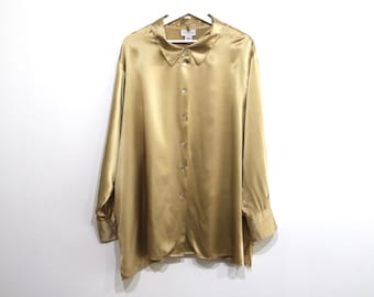 vintage bright huge slouchy GOLD vintage SILK oversize button down shirt -- size 2xl