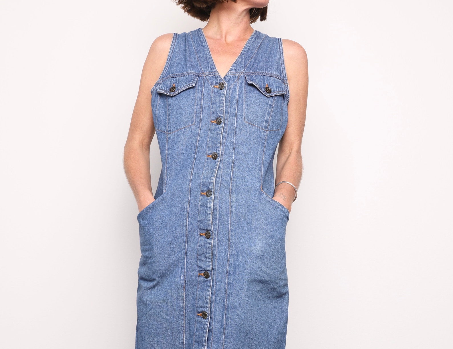 90s BLUE Denim Jean JUMPER Oxford MAXI Button Down Faded Dress | Etsy