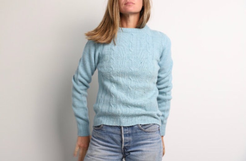 vintage mid-century MINT blue/green wool women's vintage SWEATER super soft vintage 60s sweater size small/medium image 1