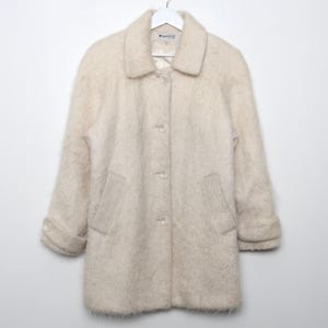 vintage CREAM white fuzzy mid-century women's 1960s button WOOL winter coat overcoat w/ soft satin liner -- size medium