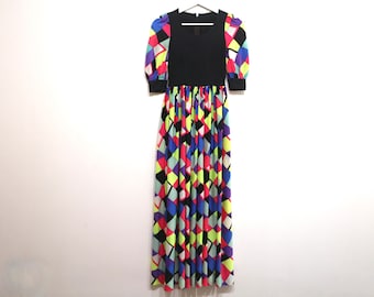 vintage 1990s y2k geo neon MAXI vintage silky long maxi dress -- size medium