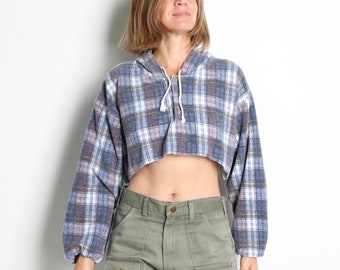 90s vintage GRUNGE plaid color block BLUE & blue CROP Top flannel contrast henley hoodie flannel crossover -- size medium