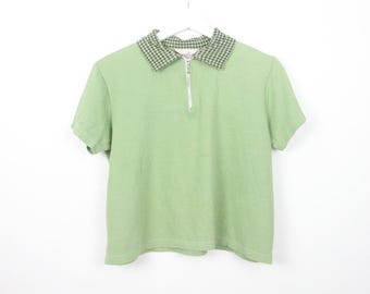 vintage 90s y2k contrast collar CHARTREUSE  & white polo zipper henley vintage short sleeve top -- size medium -- FREE shipping U.S.A