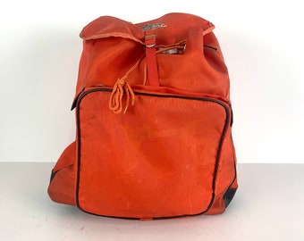 Vintage ORANGE & black vintage backpack Jansport style Sundog 1960s 70s Nylon HIKING BACKPACK with adjustable straps - distressed condition