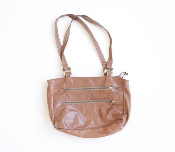 1970s vintage brown minimalist LEATHER HAND bag with double handheld straps -- FREE shipping in U.S.A.