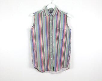 vintage RAINBOW sleeveless denim STRIPED 1990s boxy y2k short sleeve button down -- size small