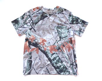 vintage BOXY slouchy Real TREE camo camouflage short sleeve ringer style POCKET t shirt -- size large women's - Free shipping