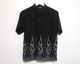 vintage late 90s DRAGON y2k FLAME flames dragon silky y2k swingers button up down vintage shirt -- men's Small