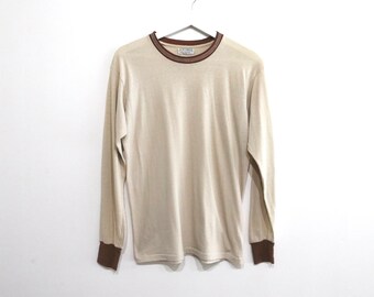 vintage 60s 1970s brown ringer faded authentic long sleeve thermal shirt -- women's size large