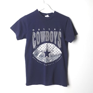 vintage DALLAS COWBOYS blue and silver short sleeve NFL football petite women&#39;s 1980s t-shirt -- Women&#39;s size Extra Small - Free Shipping