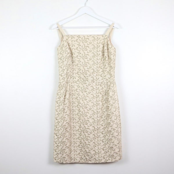 1950s 60s cream ornate midi summer strappy mid century dress faded dress -- size small/medium