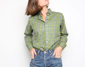 vintage 60s 70s green plaid cotton blend button down 60s 1970s long sleeve shirt -- size small