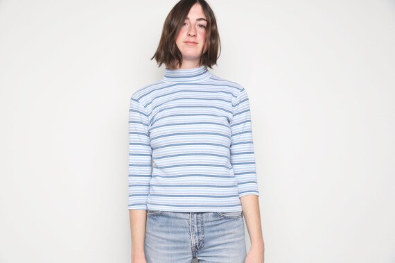 Vintage Mock Turtleneck Fitted 1990s Striped Long Sleeve Shirt -- Women's Size Small