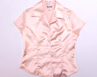 vintage RAVE CITY shimmer silky pink 2000s club kid vintage button down fitted BLOUSE top short sleeve -- size small -- Free shipping U.S.A