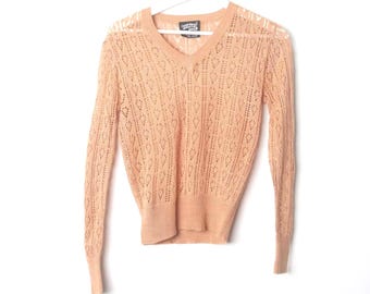 vintage 1970s semi-sheer PEACH long sleeve SWEATER women's top -- size medium -- FREE shipping U.S.A