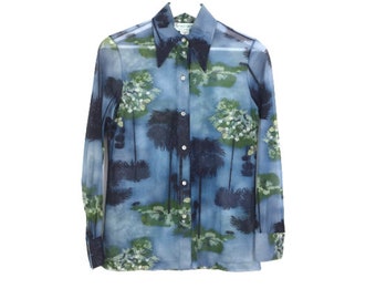 vintage 70s POLY blend PALM fronds  vintage big collar top blouse -- size large
