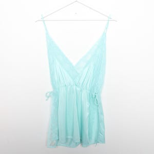 vintage BLUE strappy 1970s slinky LINGERIE camisole tank semi-sheer tank top shirt vintage 70s disco vintage -- size large - Free shipping