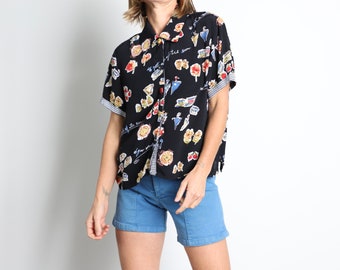 90s vintage paris style FLORAL black boxy slouchy color block WOMEN'S short sleeve wild top shirt -- size medium/large