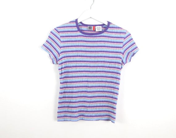 vintage 1990s does 60s MICRO striped women's fitted v-neck color block shirt top -- size small