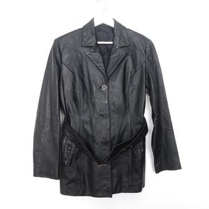 vintage 1990 y2k leather TRENCH y2k era black LEATHER women's belted blazer trench coat -- size large