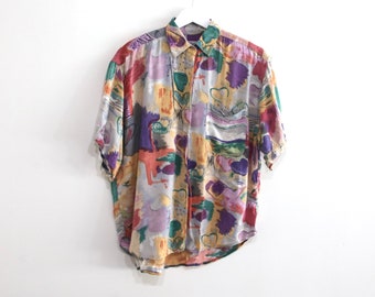 vintage 90s SILKY pastel y2k swingers button up down vintage shirt -- women's size Medium