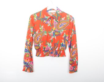 vintage PSYCHEDELIC orange mid century soft long sleeve vintage top button up down blouse -- size small/medium