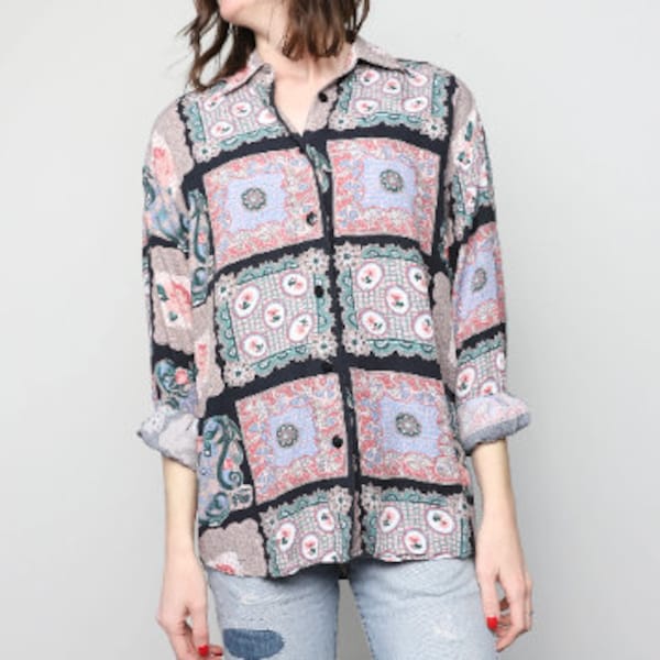 vintage boxy 1990s SURF club kid style SLOUCHY black and bright women's vintage paisley blouse -- size small