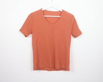 vintage RIBBED Y2k 90s micro STRIPED ribbed burnt orange shirt top -- women's size small