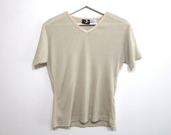 90s y2k tan RIBBED v-neck GRUNGE petite short sleeve shirt top -- size medium/large