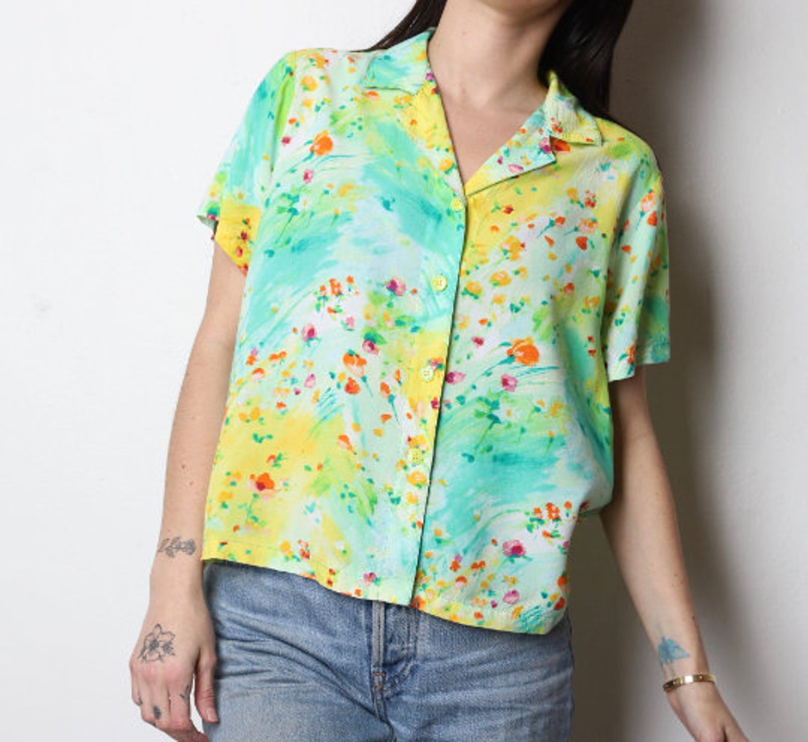 Vintage color block 1990s floral abstract pattern BOXY ...