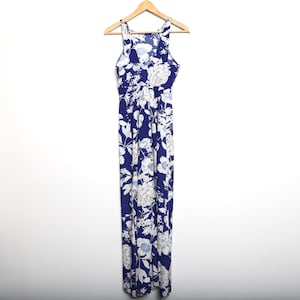vintage MAXI floral print HAWAIIAN print blue and white high neck SUMMER floral dress -- size small ankle dress -- Free shipping U.S.A